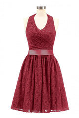 Halter Blue Lace Short A-line Bridesmaid Dress