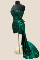 Green One Shoulder Ruched Short Dress